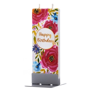 Happy Birthday with Floral Print Flatyz kézimunkával készült gyertya ajándék csomag fém tartótalppal