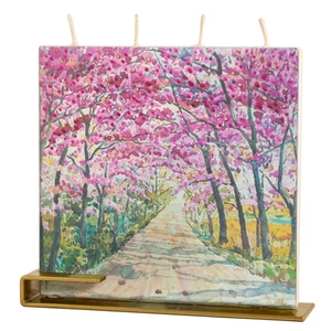 Square Pink Tree Blossoms Walkway Flatyz kézimunkával készült gyertya ajándék csomag fém tartótalppal